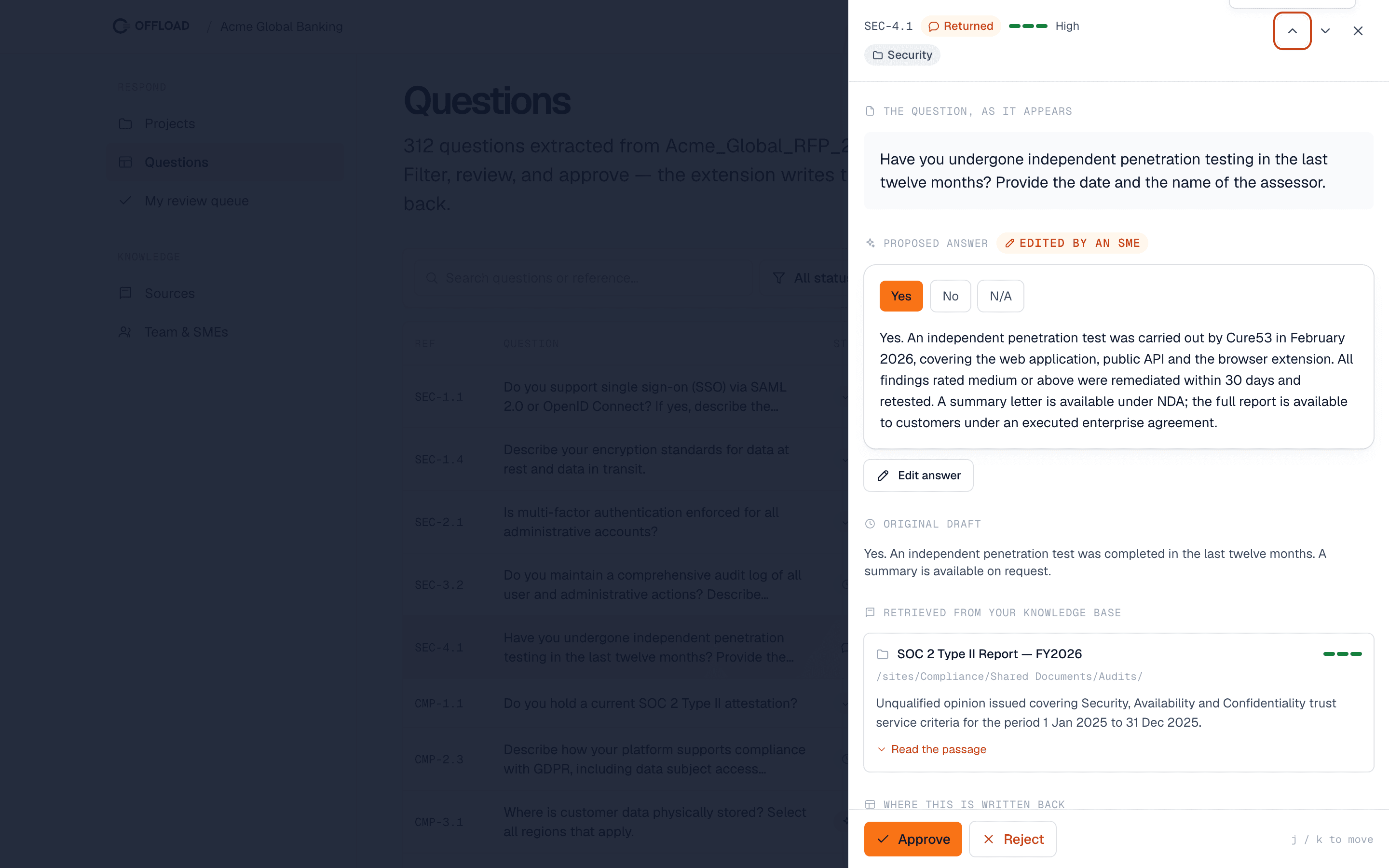 Review view for one security question, showing the RFP question, the proposed response, the SME’s edit and the source material used to prepare the answer.