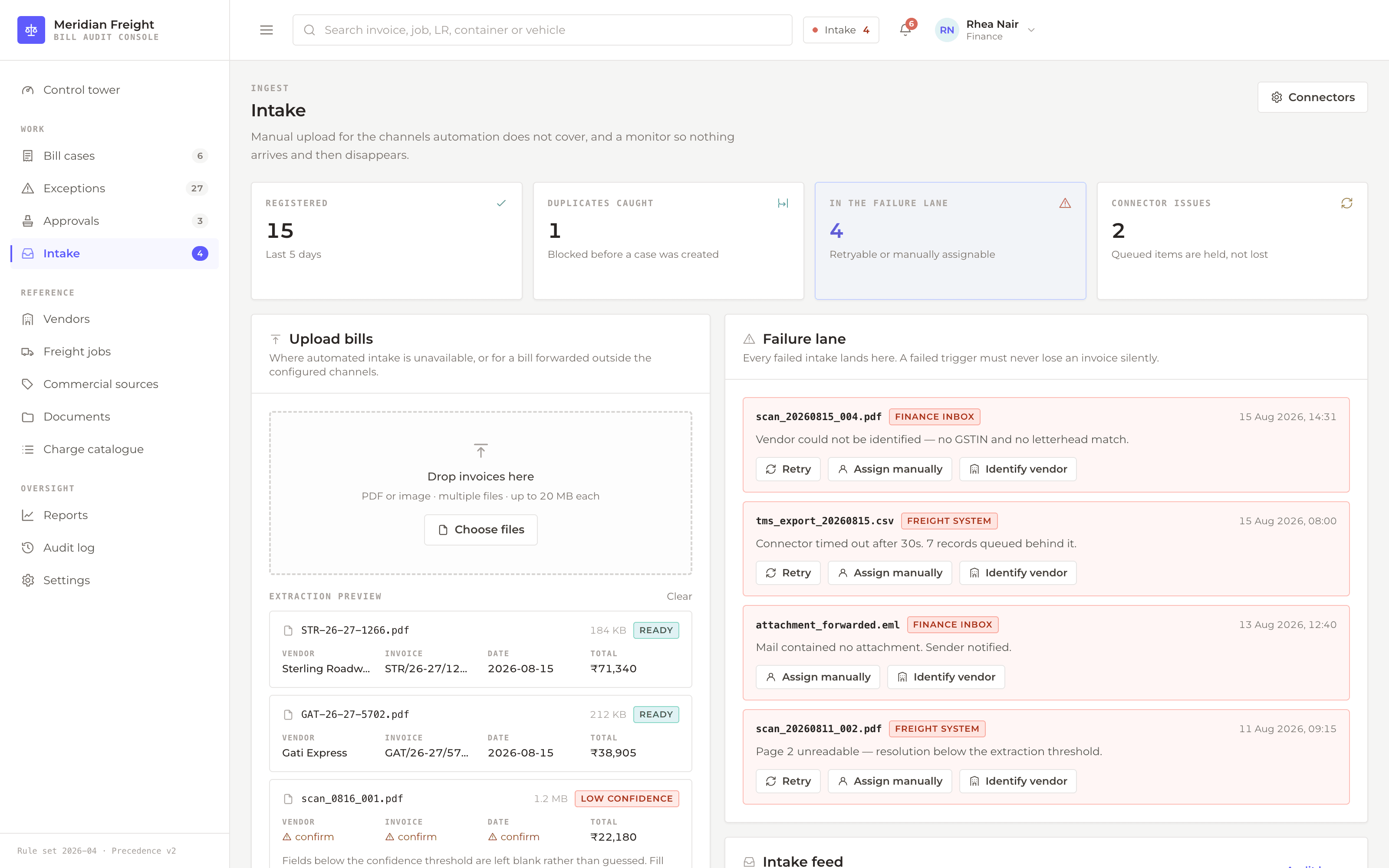 Invoice intake screen showing processed bills, duplicates and failures beside an extraction preview where uncertain fields are left for confirmation.