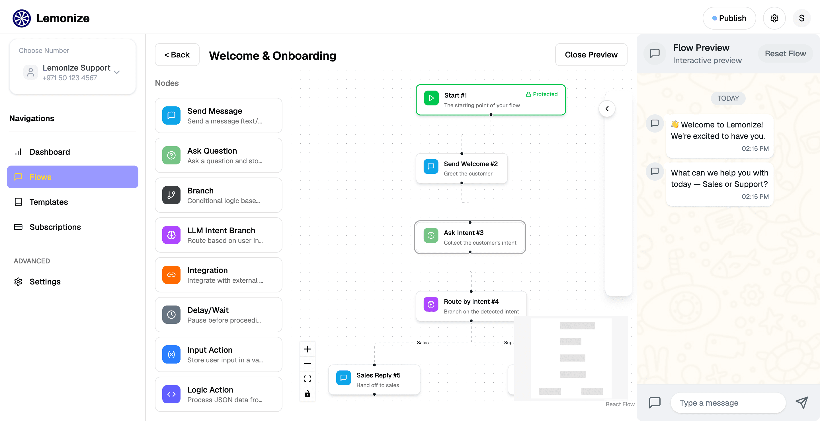 Visual conversation flow beside a live WhatsApp preview, showing separate sales and support paths from the same opening question.